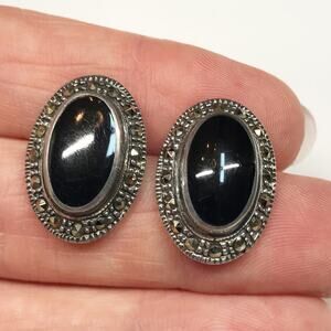 Vintage Victorian Black Onyx Marcasite Sterling Silver 925 Oval Post Earrings
